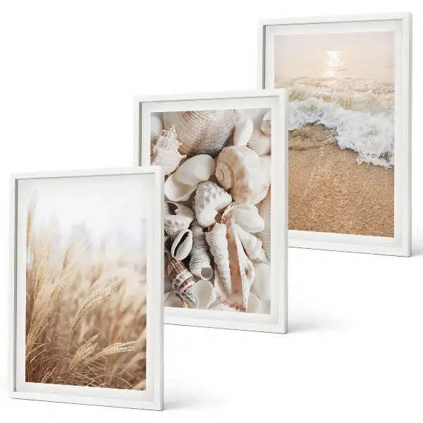 Wall art set featuring beach motifs with shells and waves