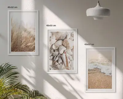 Wall art set featuring beach motifs with shells and waves