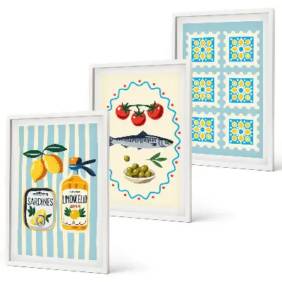 Set of 3 Mediterranean style kitchen wall art prints framed illustrations
