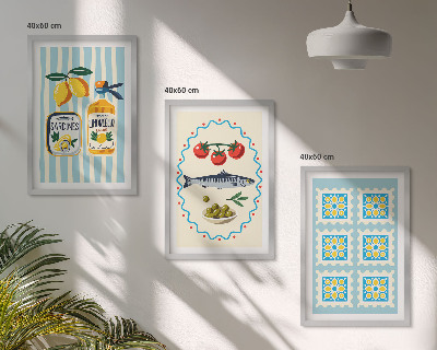 Set of 3 framed wall art pieces Mediterranean style kitchen illustrations
