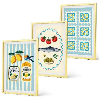 Set of 3 Mediterranean style kitchen wall art prints framed illustrations