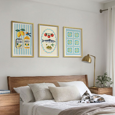 Set of 3 framed wall art pieces Mediterranean style kitchen illustrations