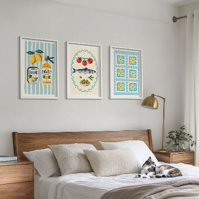 Set of 3 framed wall art pieces Mediterranean style kitchen illustrations