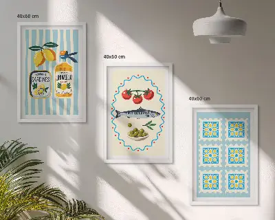 Set of 3 Mediterranean style kitchen wall art prints framed illustrations