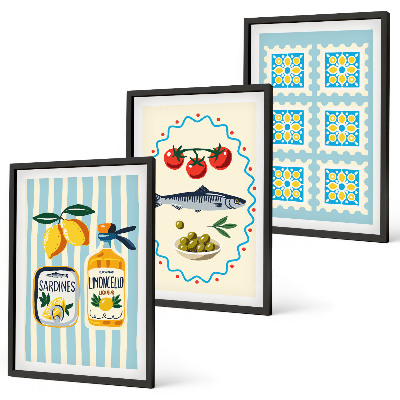Set of 3 framed wall art pieces Mediterranean style kitchen illustrations