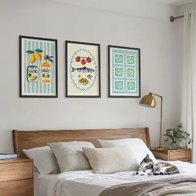 Set of 3 Mediterranean style kitchen wall art prints framed illustrations