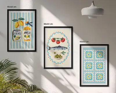 Set of 3 Mediterranean style kitchen wall art prints framed illustrations