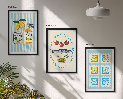 Set of 3 framed wall art pieces Mediterranean style kitchen illustrations