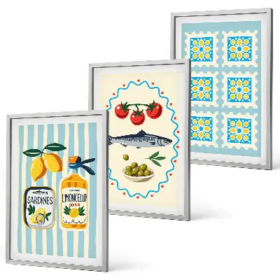 Set of 3 Mediterranean style kitchen wall art prints framed illustrations