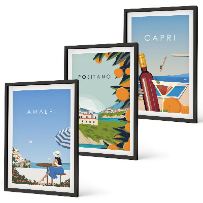 Set of 3 framed wall art pieces Amalfi Positano and Capri