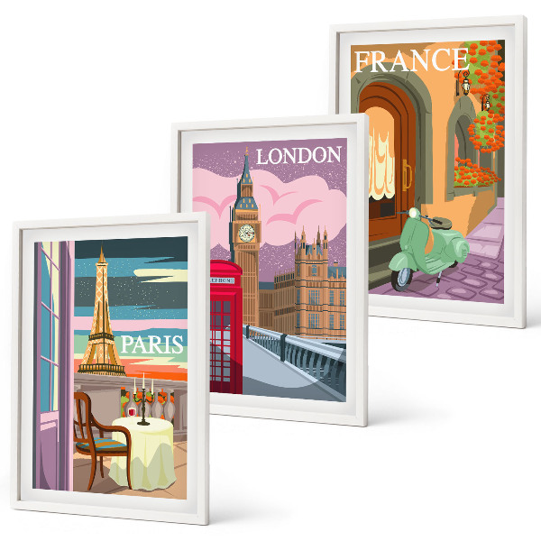 Three-piece wall art piece Views Paris London retro
