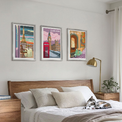 Three-piece wall art piece Views Paris London retro