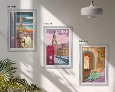 Three-piece wall art set retro views of Paris and London