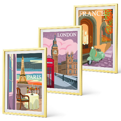 Three-piece wall art piece Views Paris London retro
