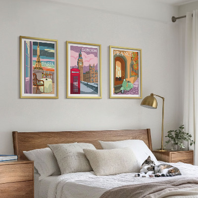 Three-piece wall art piece Views Paris London retro