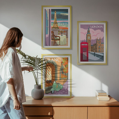 Three-piece wall art piece Views Paris London retro