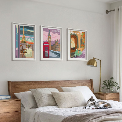 Three-piece wall art piece Views Paris London retro