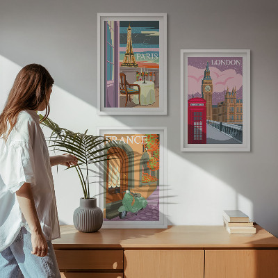 Three-piece wall art piece Views Paris London retro