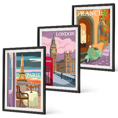 Three-piece wall art piece Views Paris London retro