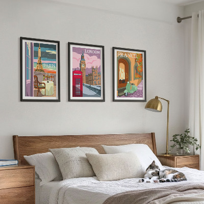 Three-piece wall art piece Views Paris London retro