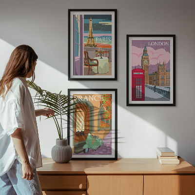 Three-piece wall art piece Views Paris London retro