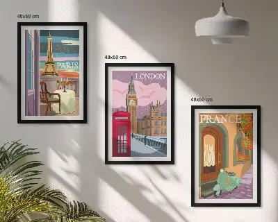 Three-piece wall art set retro views of Paris and London