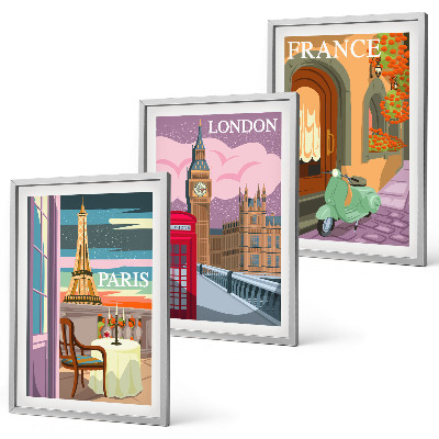 Three-piece wall art piece Views Paris London retro