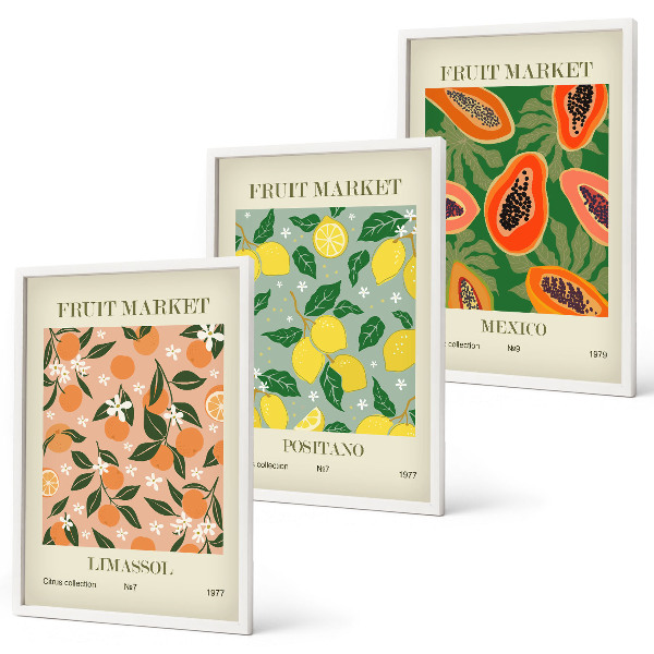 Set of 3 framed wall art pieces Citrus fruits tropical retro