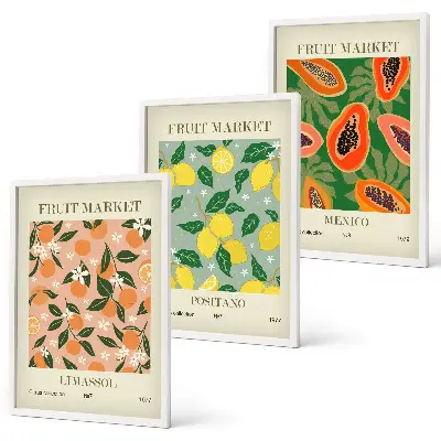 Set of 3 framed wall art pieces citrus fruits tropical retro design