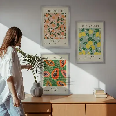 Set of 3 framed wall art pieces citrus fruits tropical retro design