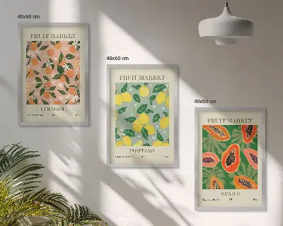 Set of 3 framed wall art pieces citrus fruits tropical retro design