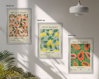 Set of 3 framed wall art pieces Citrus fruits tropical retro