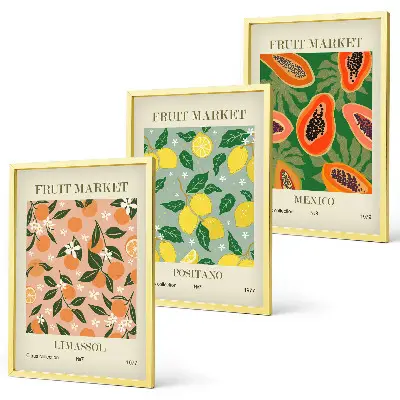 Set of 3 framed wall art pieces citrus fruits tropical retro design