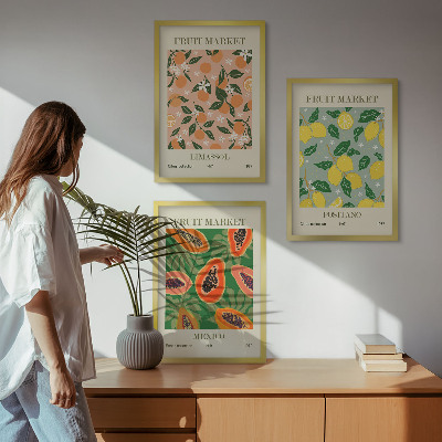Set of 3 framed wall art pieces Citrus fruits tropical retro