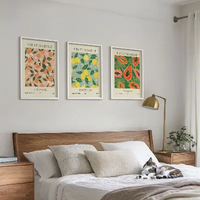 Set of 3 framed wall art pieces citrus fruits tropical retro design