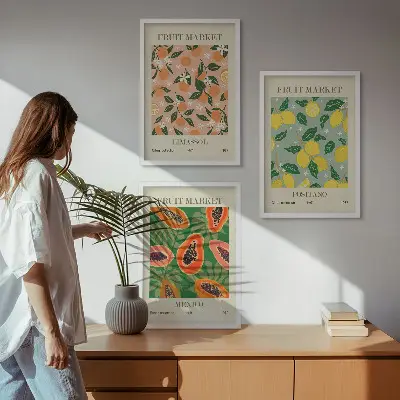 Set of 3 framed wall art pieces citrus fruits tropical retro design