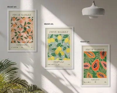 Set of 3 framed wall art pieces citrus fruits tropical retro design
