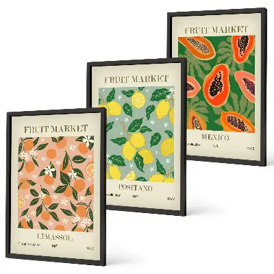 Set of 3 framed wall art pieces citrus fruits tropical retro design