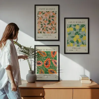 Set of 3 framed wall art pieces citrus fruits tropical retro design