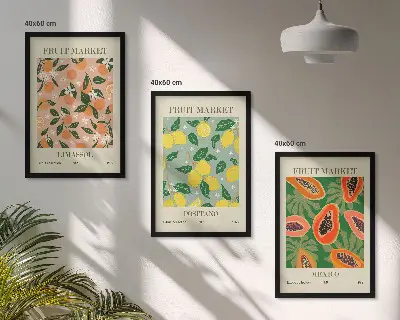 Set of 3 framed wall art pieces citrus fruits tropical retro design