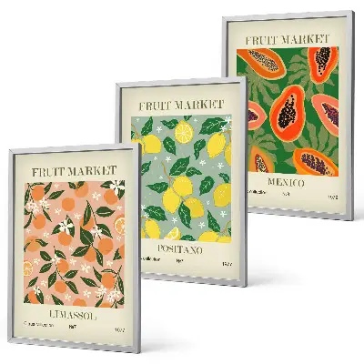 Set of 3 framed wall art pieces citrus fruits tropical retro design