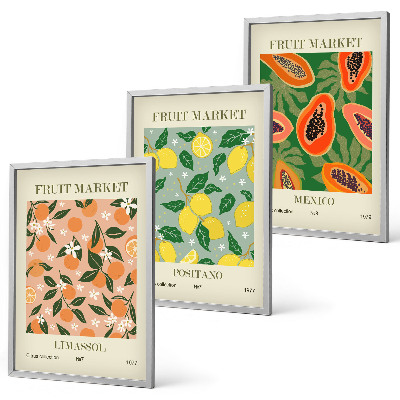 Set of 3 framed wall art pieces Citrus fruits tropical retro