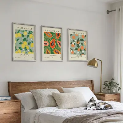 Three-piece wall art set with fruit posters of lemons and papayas