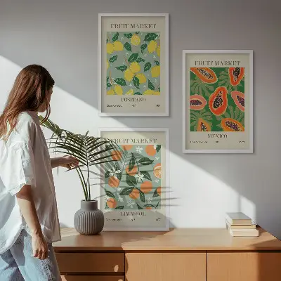 Three-piece wall art set with fruit posters of lemons and papayas