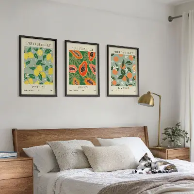 Three-piece wall art set with fruit posters of lemons and papayas