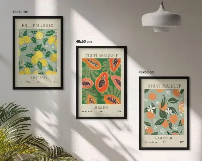 Three-piece wall art set with fruit posters of lemons and papayas