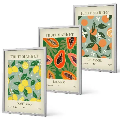 Three-piece wall art set with fruit posters of lemons and papayas