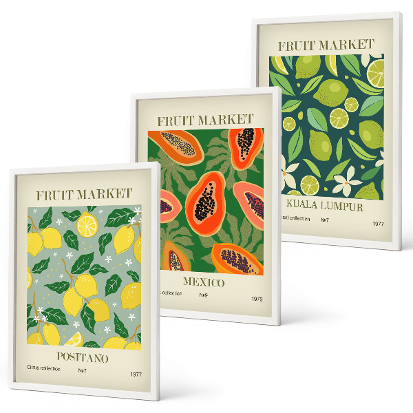 Set of 3 framed wall art pieces Fruity lemon and papaya patterns
