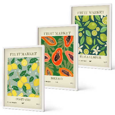Set of 3 framed wall art pieces Fruity lemon and papaya patterns