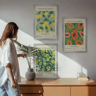 Set of 3 framed wall art pieces with fruity lemon and papaya patterns